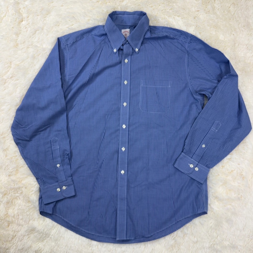Brooks Brothers Button Down Shirt Mens L Blue Gingham 346 Regular Fit Non-Iron